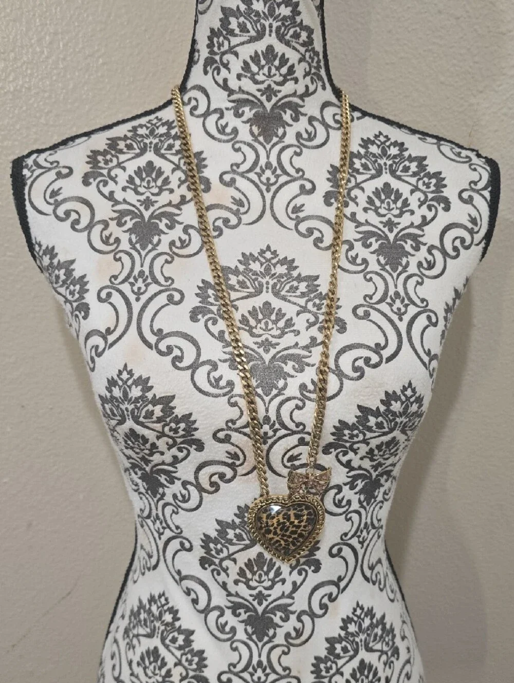 Betsey Johnson Gold-Tone Heart Necklace with Leopard Print and Pink Bow